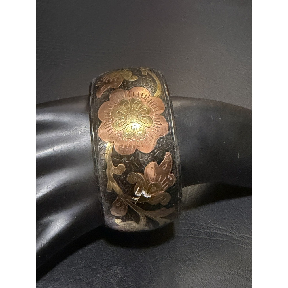 Wide Floral Etched Bangle Bracelet Multi Tone Metal Copper Brass Pewter Tones